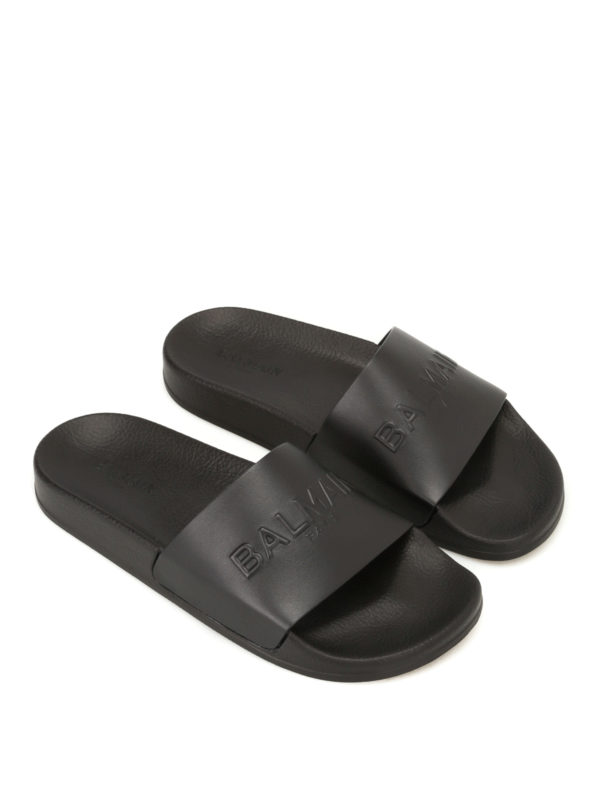 Balmain: sandals online - Leather logo slip-ons
