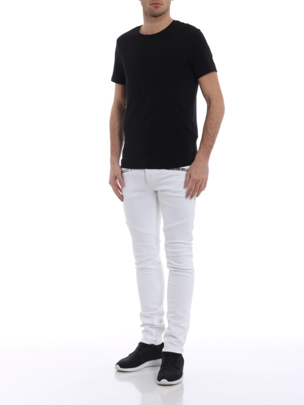 Balmain: skinny jeans online - White denim biker jeans