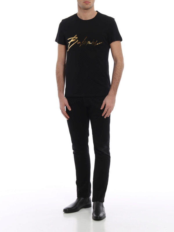 Balmain: t-shirts online - Relief gold-tone logo black T-shirt