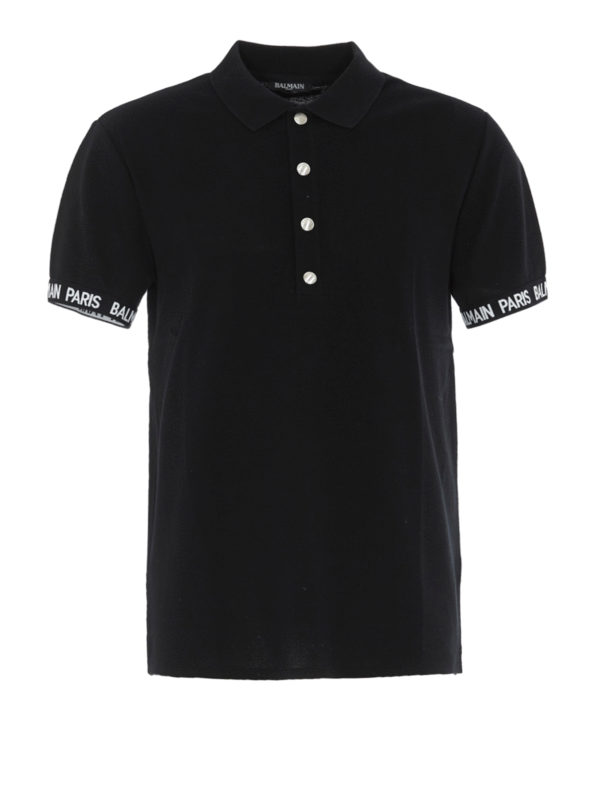Balmain: polo shirts - Black cotton polo shirt with logo cuffs