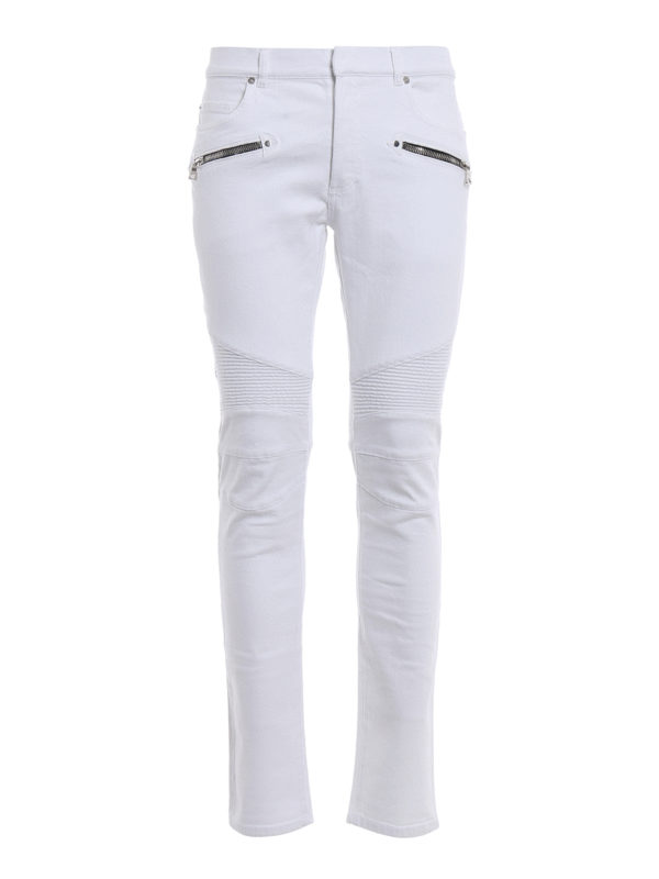 Balmain: skinny jeans - White denim biker jeans