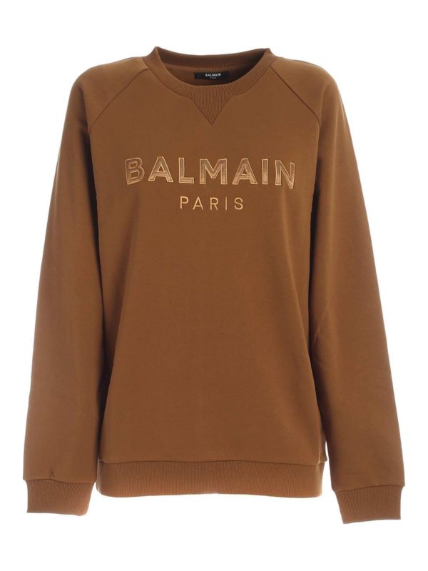Balmain: Sweatshirts & Sweaters - Logo patch sweatshirt in camel color