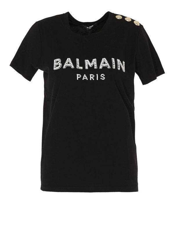 Balmain: t-shirts - Rhinestone logo T-shirt