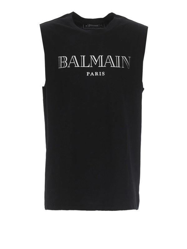 Balmain: t-shirt - Canotta nera con stampa logo