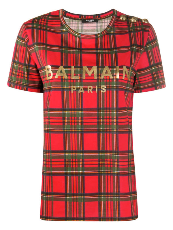 Balmain: t-shirts - Tartan patterned T-shirt