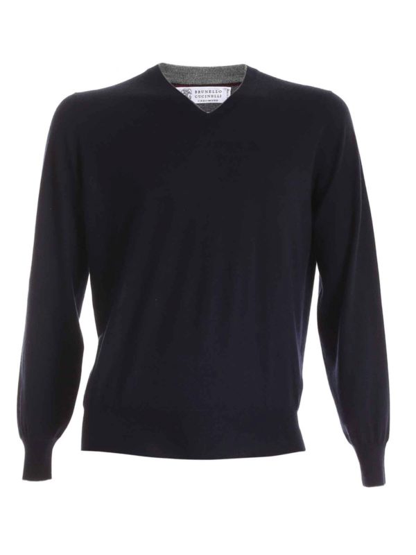 BRUNELLO CUCINELLI: knitwear - Grey edges pullover in dark blue