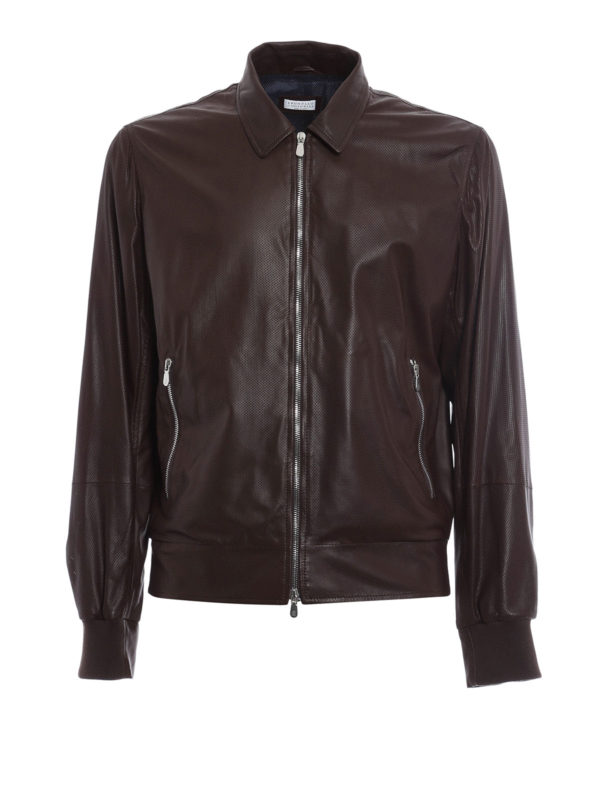 BRUNELLO CUCINELLI: レザージャケット - レザーコート メンズ - ブラウン