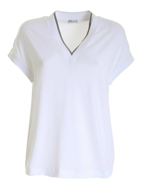 BRUNELLO CUCINELLI: t-shirts - Embellished neckline T-shirt in white