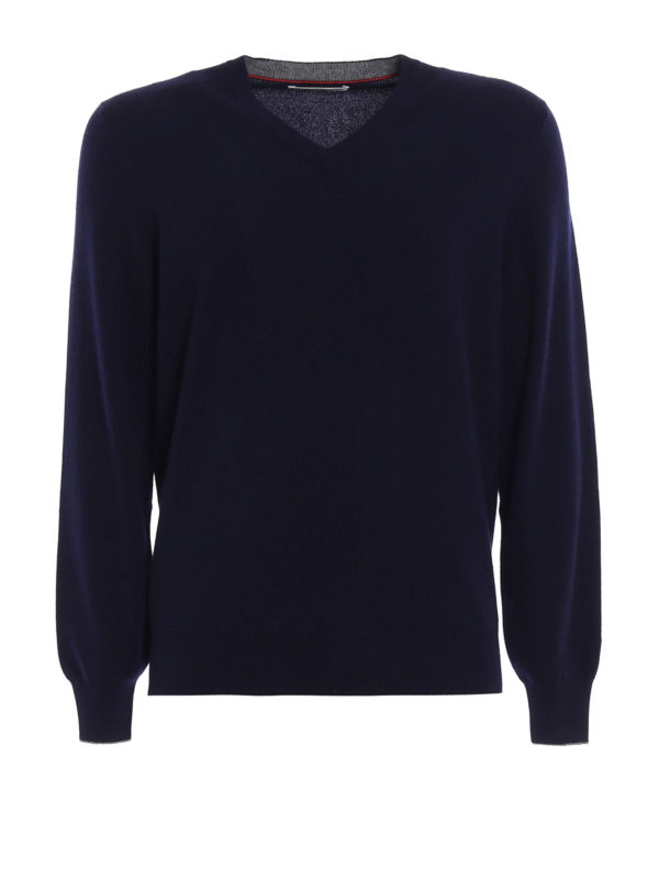 BRUNELLO CUCINELLI: Strickpullover mit V-Ausschnitt - V-Pullover - Dunkelblau