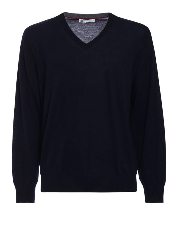 BRUNELLO CUCINELLI: v necks - Dark blue wool cashmere pullover