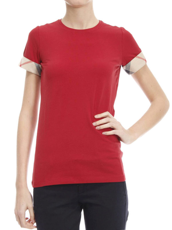 BURBERRY: t-shirts online - Check cuff cotton t-shirt