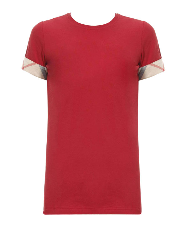 BURBERRY: t-shirts - Check cuff cotton t-shirt