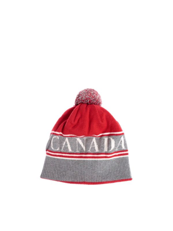Canada Goose: hats & caps - Pom Toque beanie gray and red