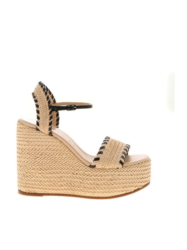 Casadei: sandals - Woven leather wedges in ecru and black