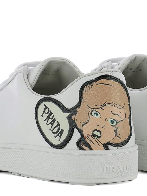 Comic strip patch leather sneakers shop online: PRADA