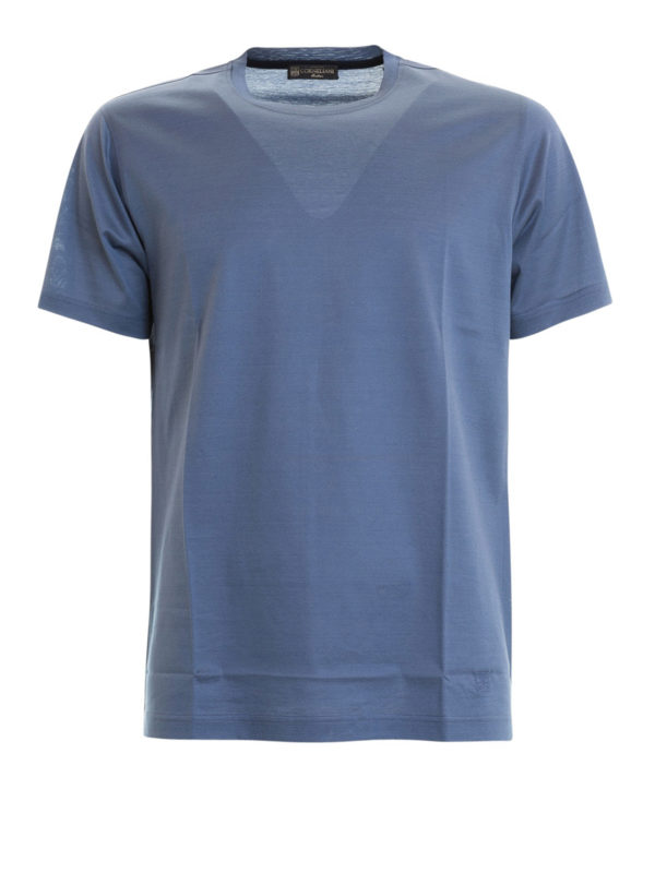 CORNELIANI: t-shirts - Solid light blue cotton T-shirt
