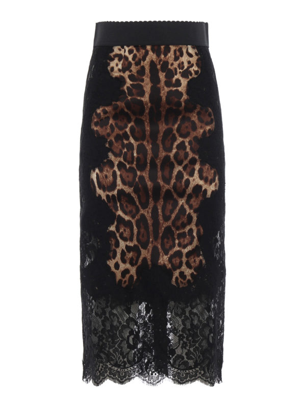 DOLCE & GABBANA: Knee length skirts & Midi - Leo print silk satin and lace pencil skirt