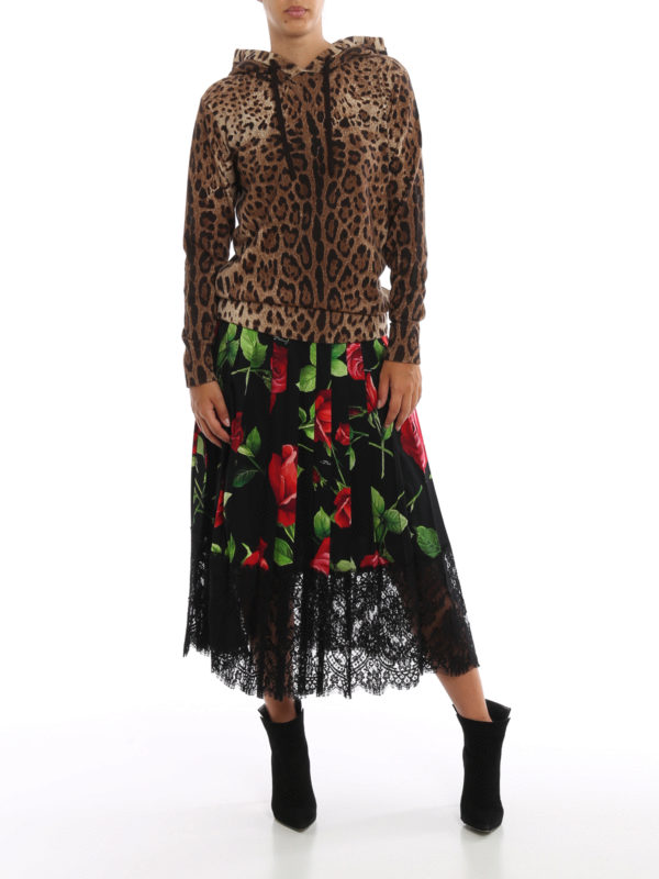 Dolce & Gabbana Lace trimmed rose print silk pleated skirt