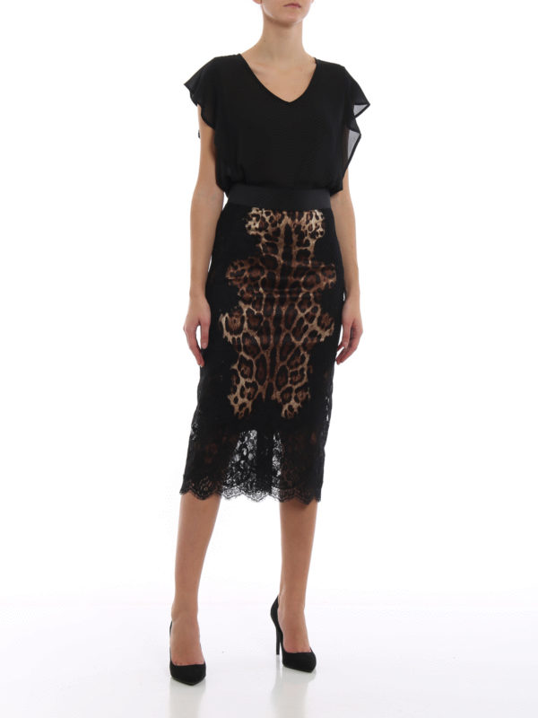 DOLCE & GABBANA: Knee length skirts & Midi online - Leo print silk satin and lace pencil skirt