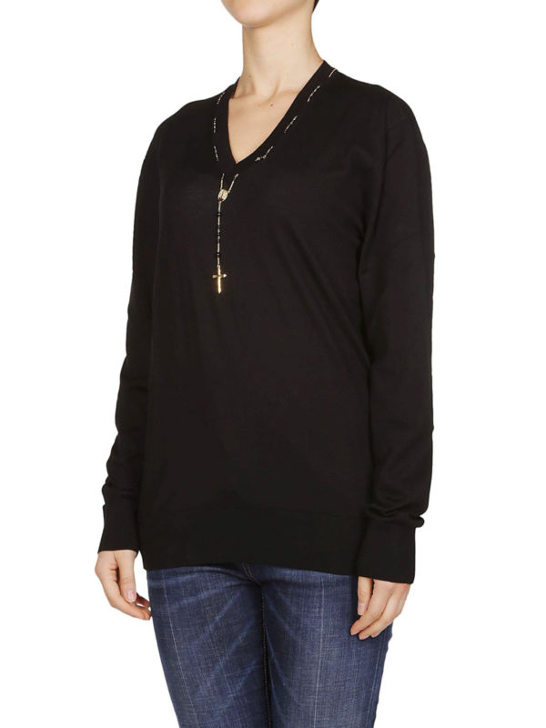 DOLCE & GABBANA: Suéteres con cuello pico online - Suéter Con Cuello De Pico - Negro