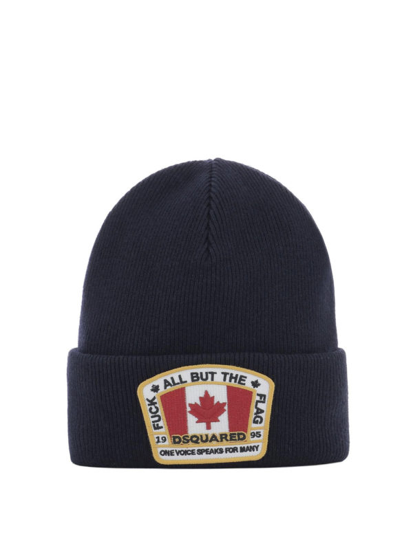DSQUARED2: beanies - Logo patch blue ribbed wool beanie