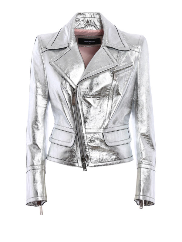 DSQUARED2: Lederjacken - Ledermantel Fur Damen - Silber