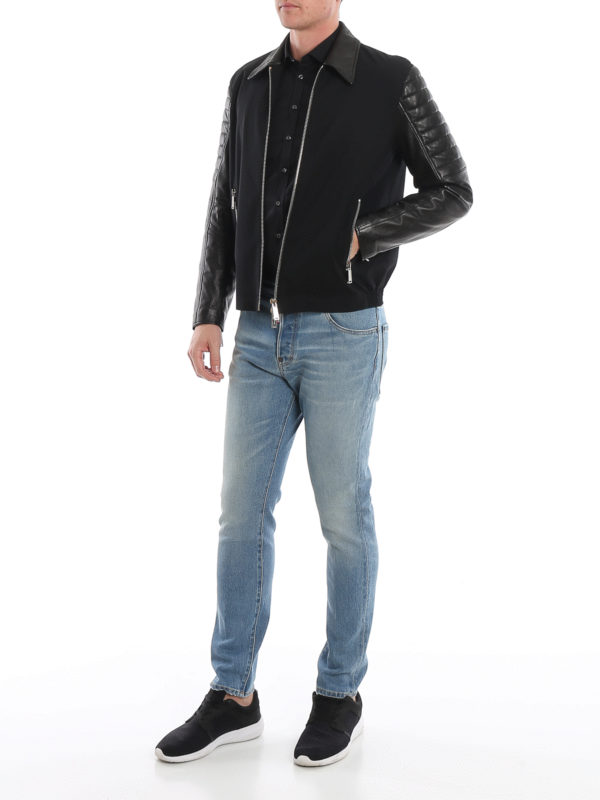 DSQUARED2: leather jacket online - Leather sleeve stretch wool jacket