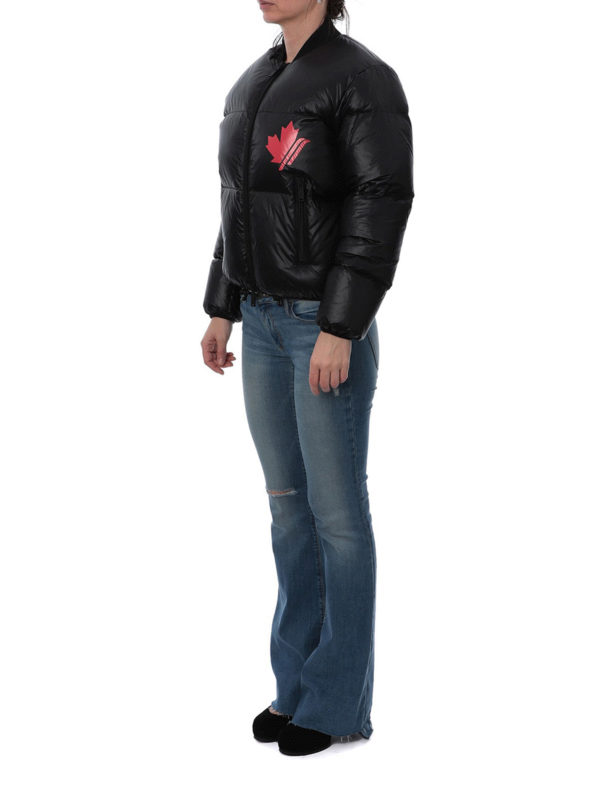 DSQUARED2: padded jackets online - Logo and maple leaf print puffer jacket