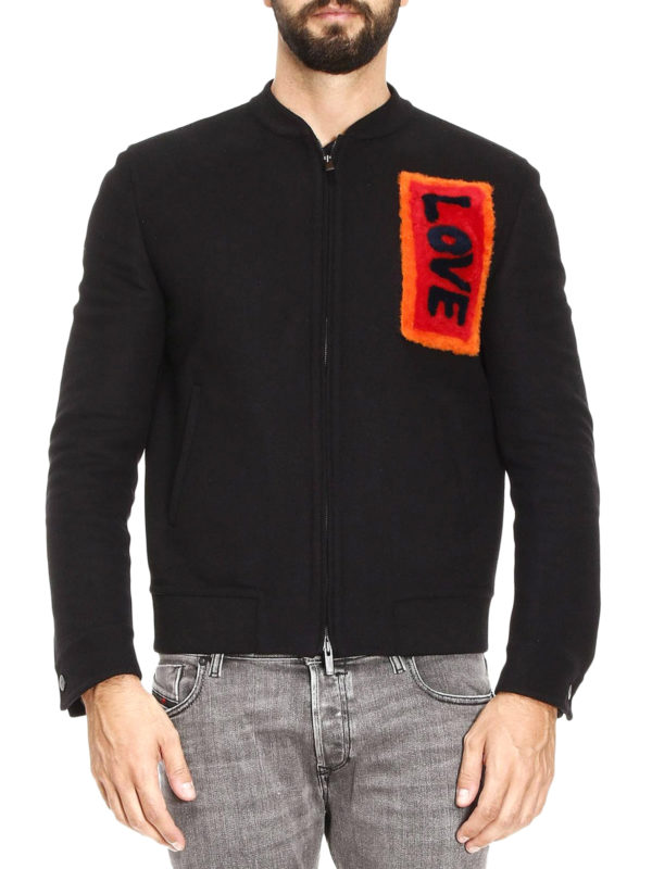 FENDI: bombers online - Lamb fur Love patch bomber jacket