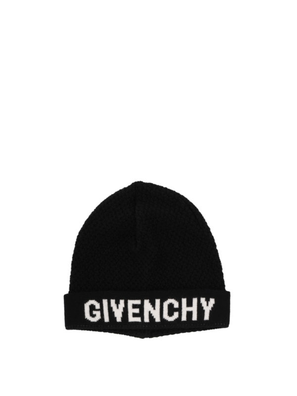 GIVENCHY: beanies - Black and white wool beanie