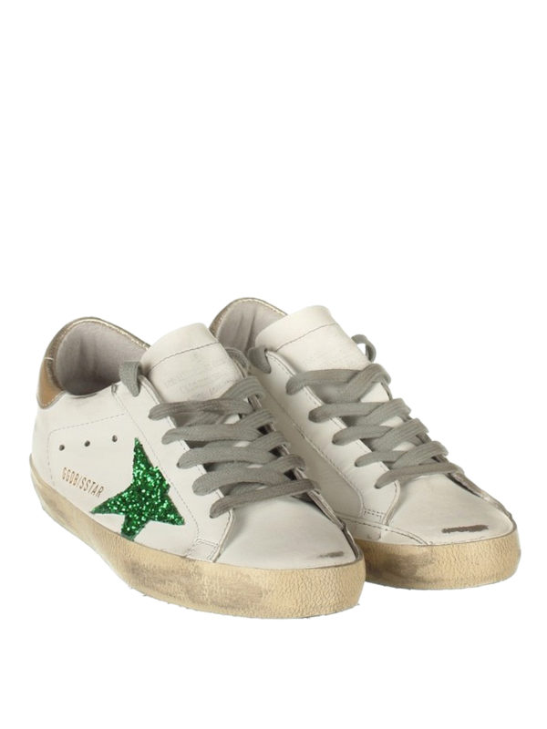 GOLDEN GOOSE: trainers online - Green glitter patch Superstar shoes