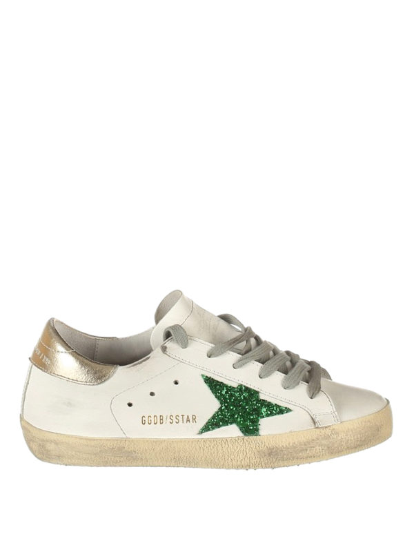 GOLDEN GOOSE: trainers - Green glitter patch Superstar shoes