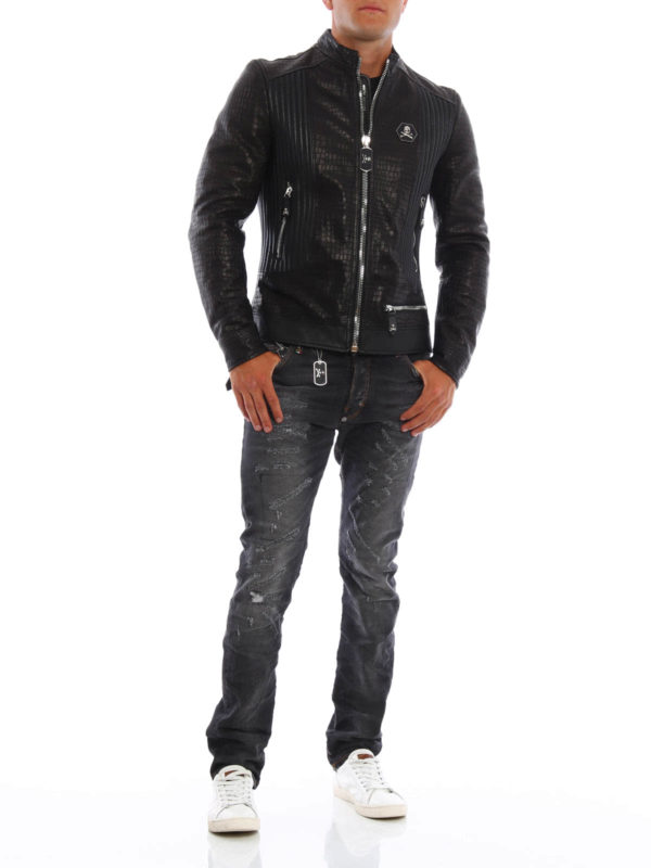 Grunge croco print leather jacket shop online: PHILIPP PLEIN