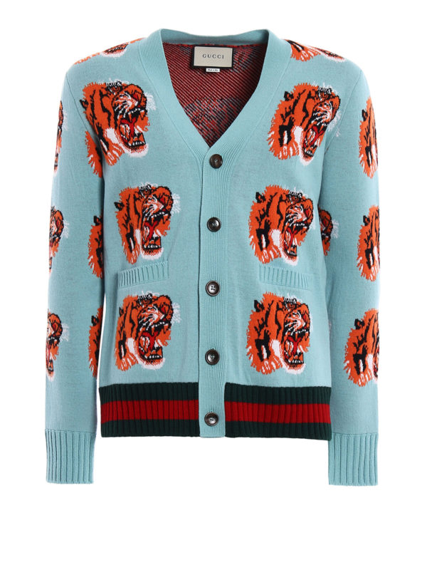 GUCCI: cardigans - Tiger jacquard wool cardigan