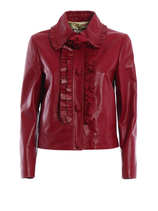 GUCCI: leather jacket - Ruffle detailed leather jacket