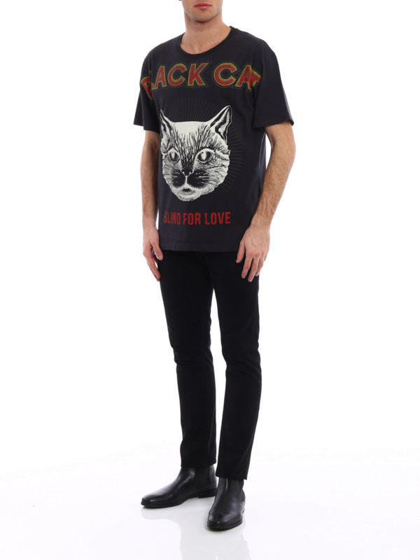 GUCCI: t-shirts online - Black Cat print cotton T-shirt