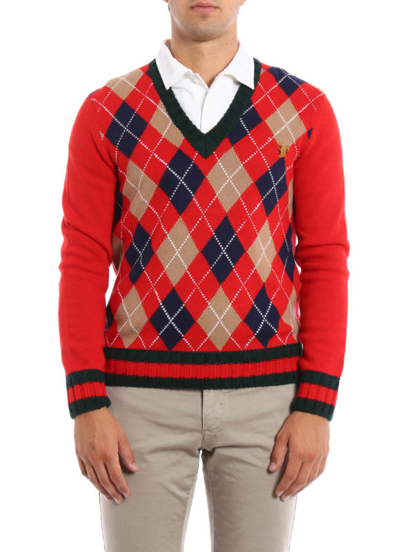 GUCCI: v necks online - Argyle Web V-neck sweater