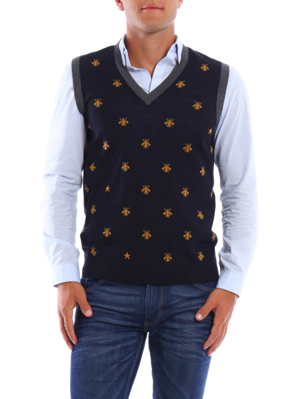 GUCCI: vests online - Bee embroidery V-neck vest