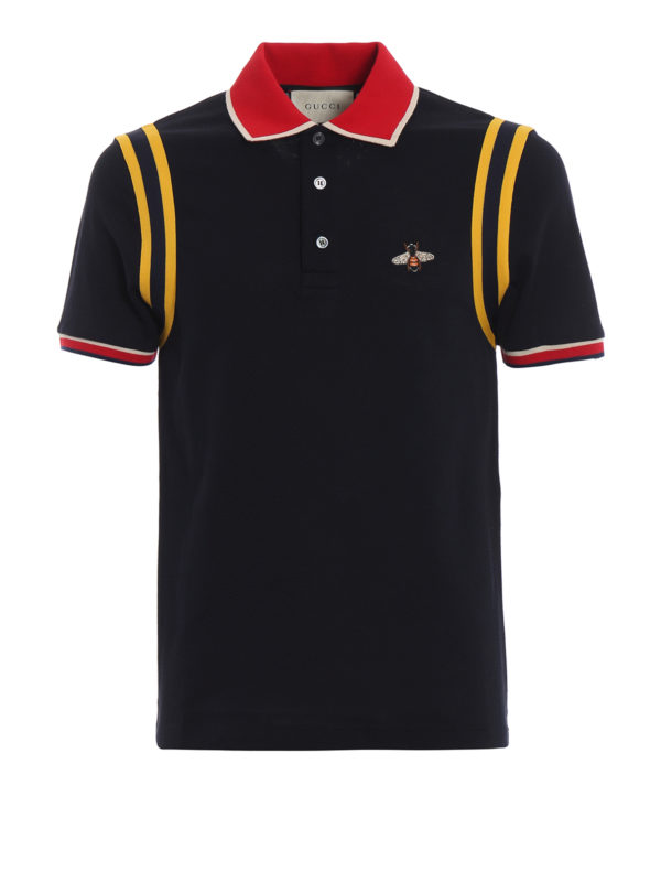 GUCCI: polo shirts - Bee patch blue cotton piquet polo shirt