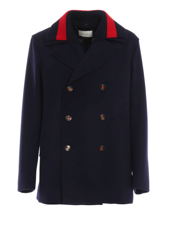 GUCCI: short coats - Web neck wool pea coat