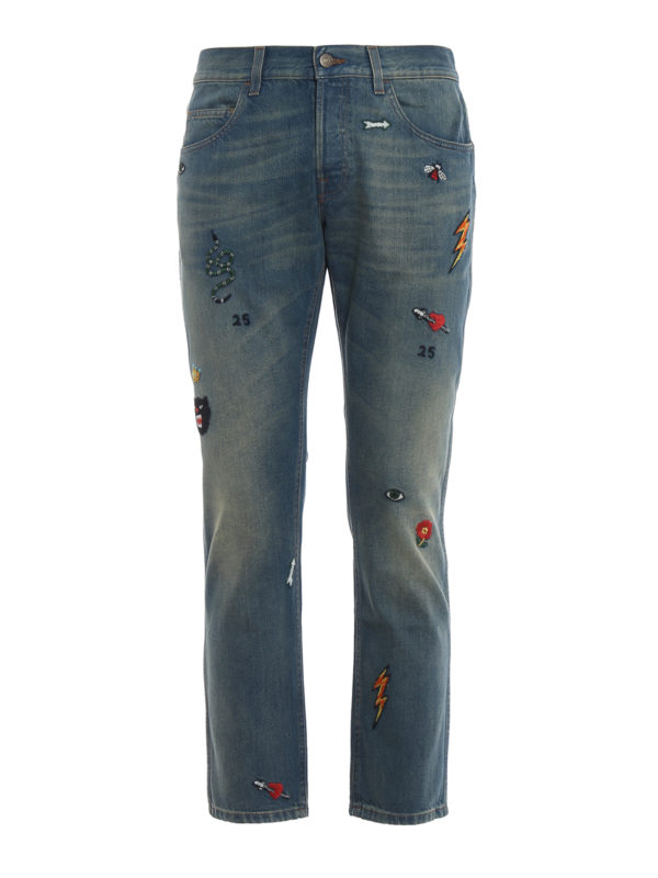 GUCCI: straight leg jeans - Multi patch washed denim jeans