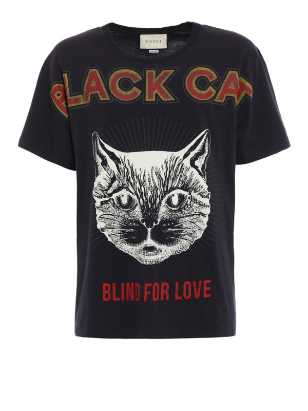 GUCCI: t-shirts - Black Cat print cotton T-shirt