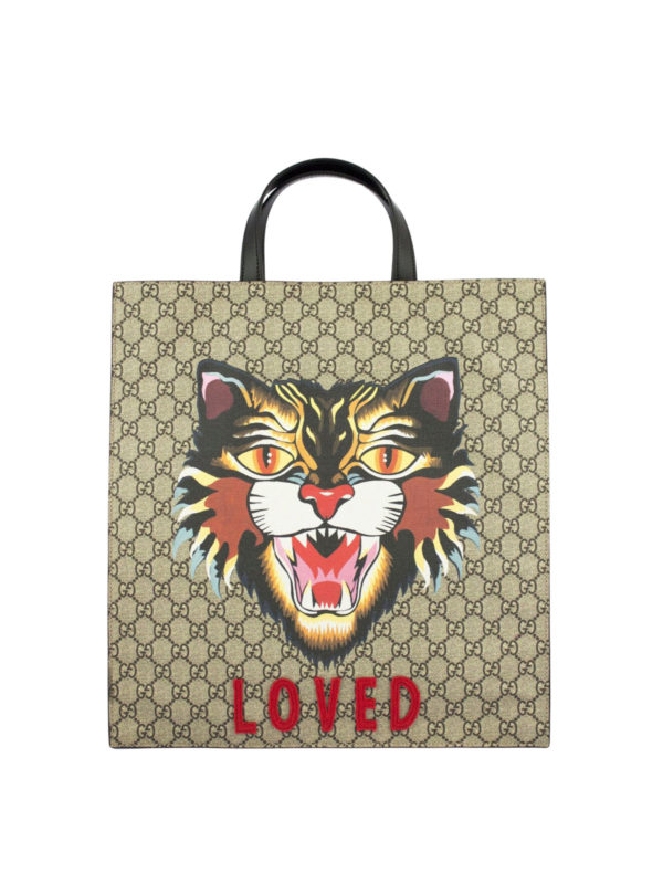 GUCCI: totes bags - Angry Cat print GG Supreme tote