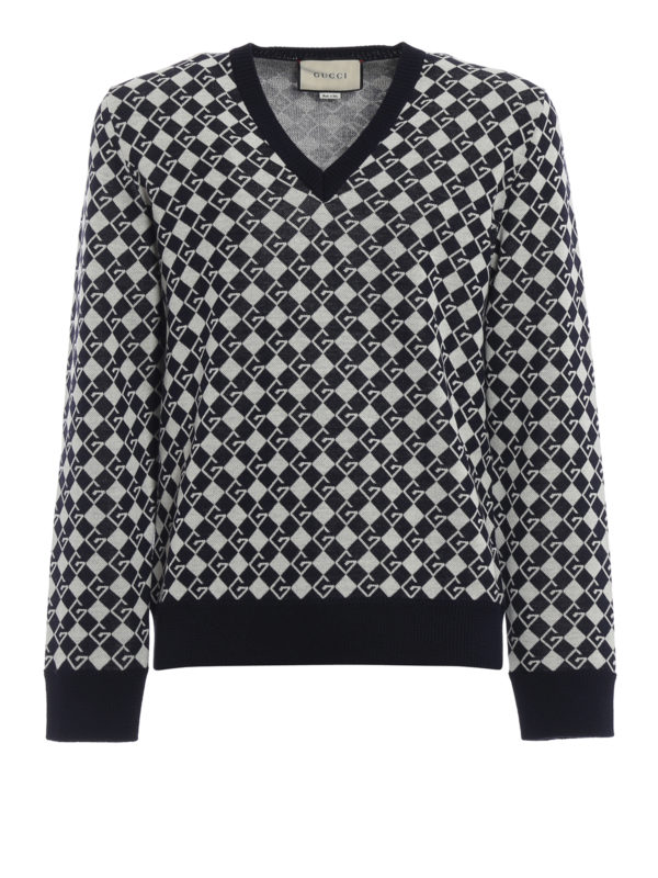 GUCCI: Strickpullover mit V-Ausschnitt - V-Pullover - Dunkelblau