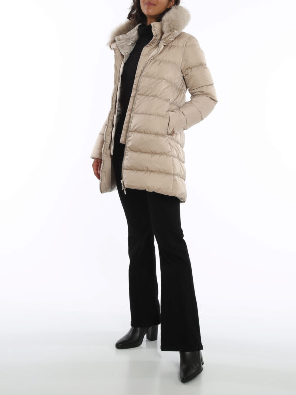 HERNO: padded coats online - Fur trim tech taffeta puffer coat