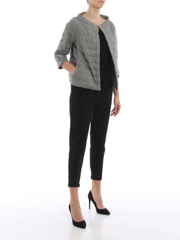 HERNO: padded jackets online - Grey quilted linen puffer jacket