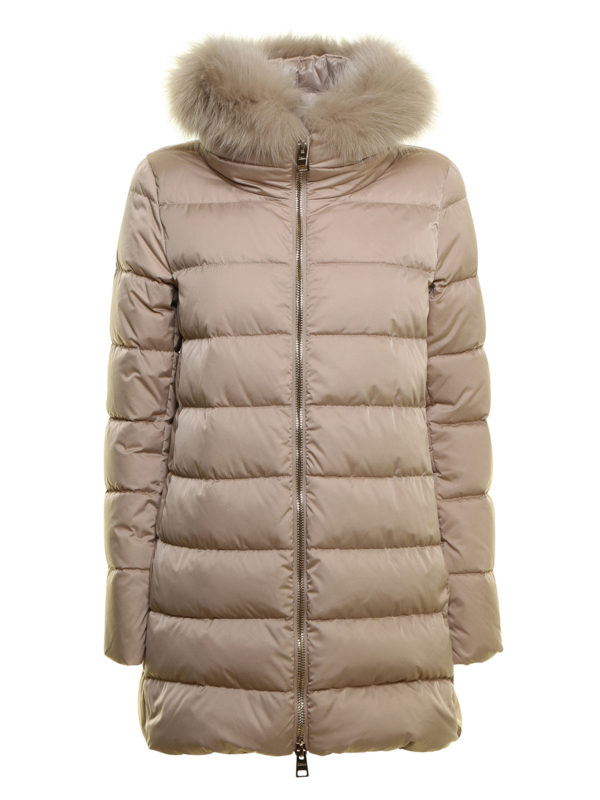 HERNO: padded coats - Fur trim tech taffeta puffer coat