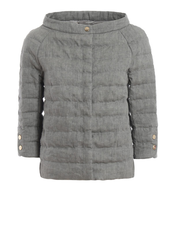 HERNO: padded jackets - Grey quilted linen puffer jacket