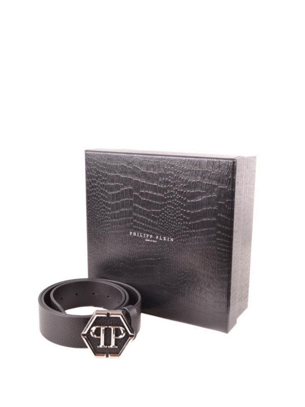 Hexagonal logo grainy leather belt shop online: PHILIPP PLEIN