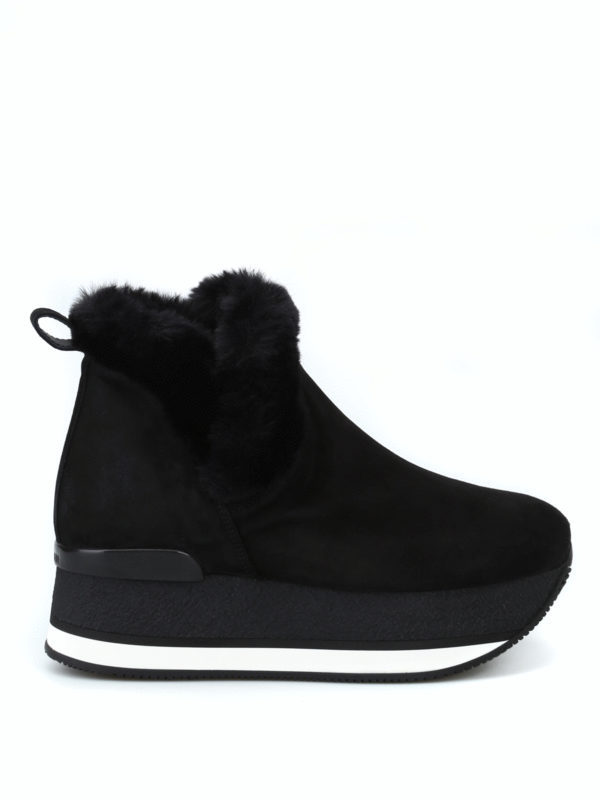 HOGAN: ankle boots - Faux fur trim suede slip on platform booties